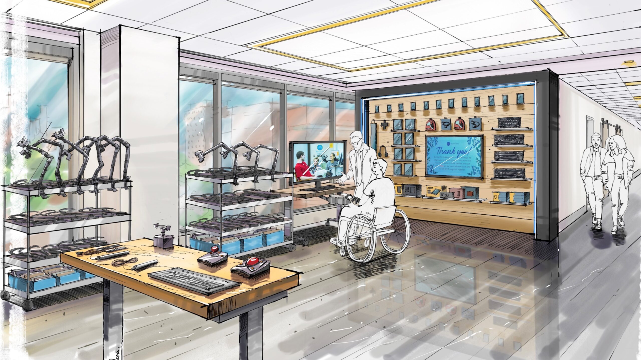 Illustration of a modern store selling assistive technology devices. Shelves display prosthetic limbs and sensory aids. A person in a wheelchair browses with a companion. Brightly lit with large windows and sleek wooden displays.