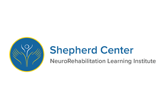 Logo of Shepherd Center NeuroRehabilitation Learning Institute. Features a circular emblem with hands and a human figure on a blue background, enclosed in a yellow ring. The text is aligned to the right of the emblem.