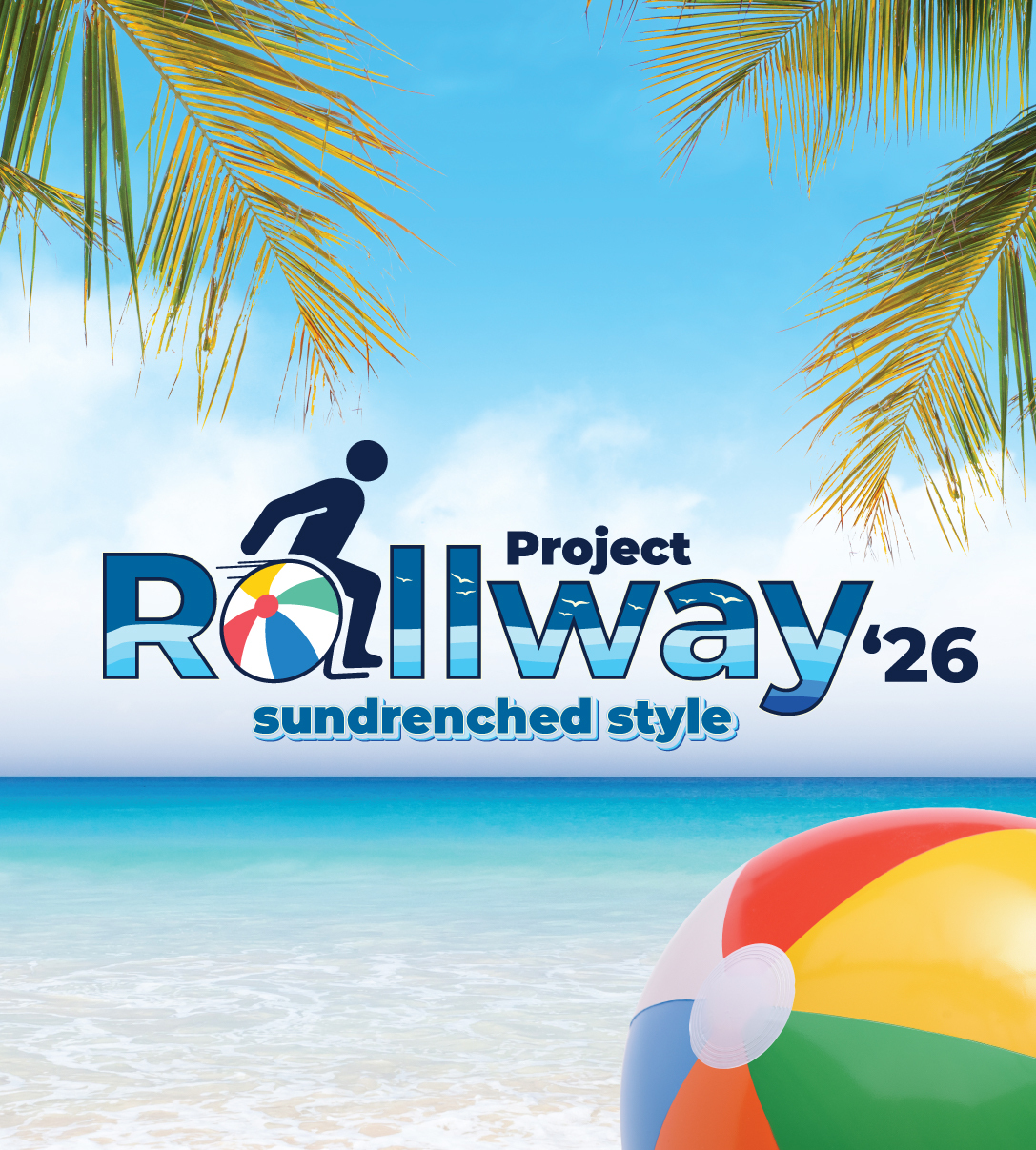 A tropical beach scene with palm leaves, clear blue sky, and ocean. The text reads 