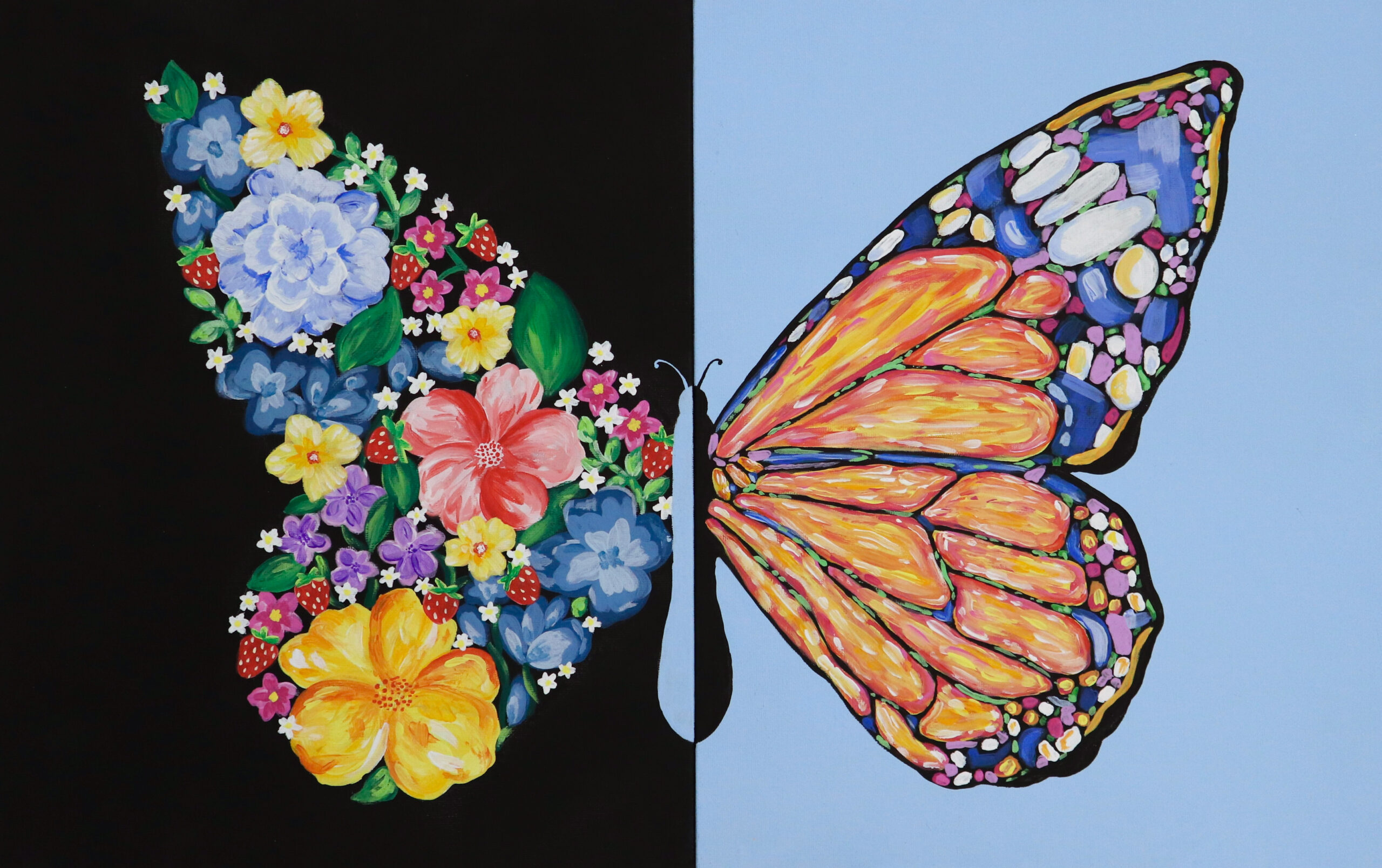 A butterfly with wings divided in half: the left wing is made of colorful flowers on a black background, while the right wing resembles a vibrant monarch butterfly on a light blue background.