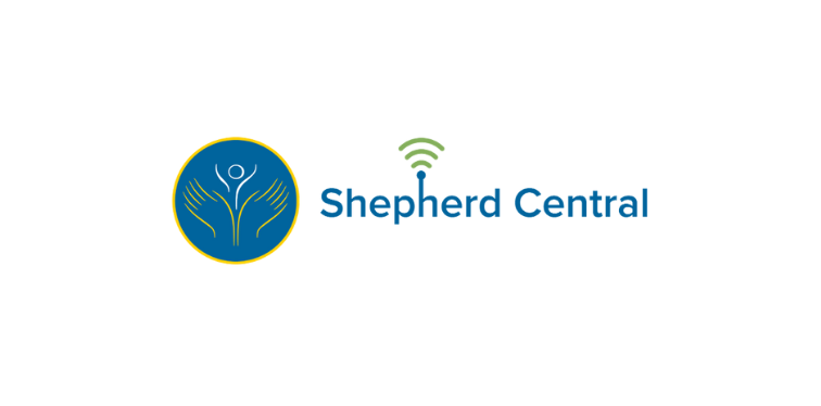 Logo of Shepherd Central with stylized yellow hands encircling a person on a blue background. Next to it, the name 