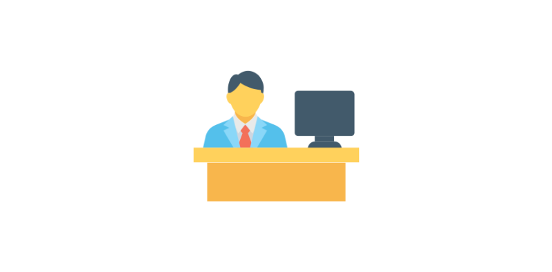 Illustration of a person with short hair in a blue suit and red tie sitting at a desk with a computer monitor. The background is white and minimalistic.